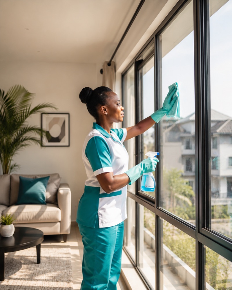 ISDAN cleaner wiping down a living room window